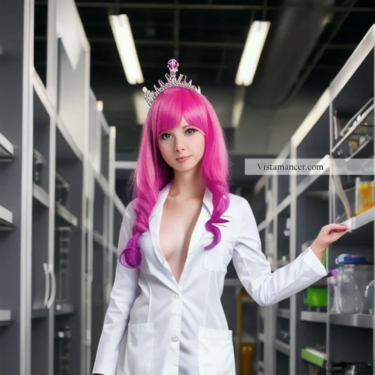 Pink haired woman posing in lab coat