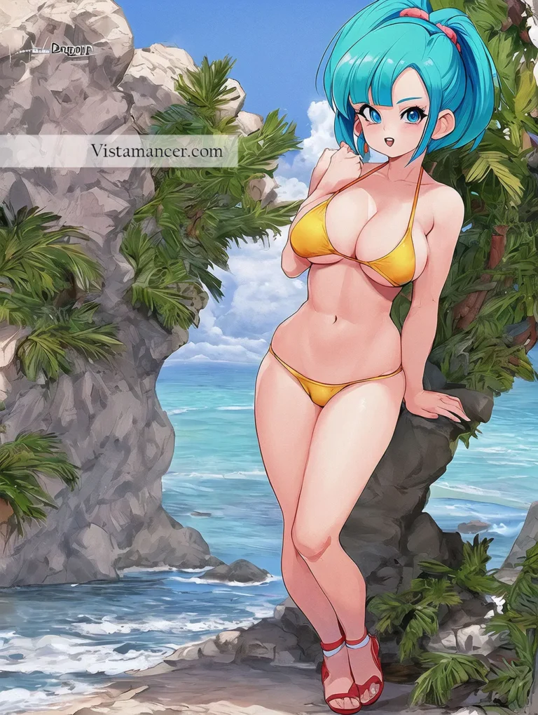 Bulma posing in bikini near some water