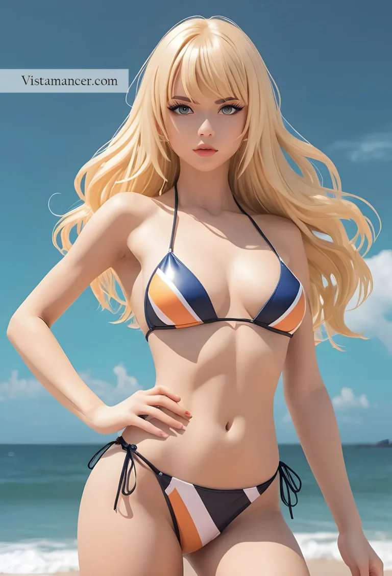 3D blonde girl in blue and orange bikini