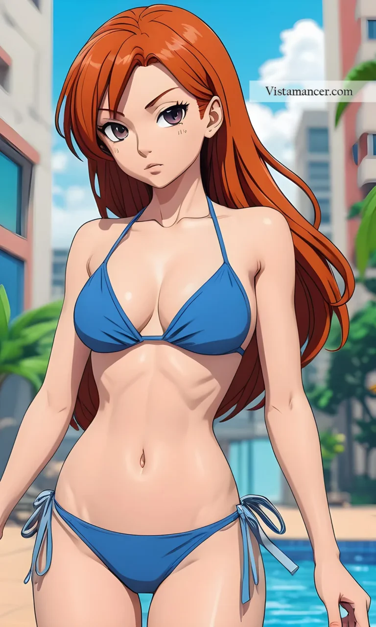 Anime redhead girl in blue bikini