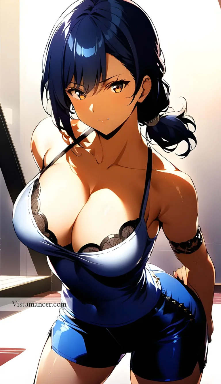 Blue haired anime girl showing some cleavage