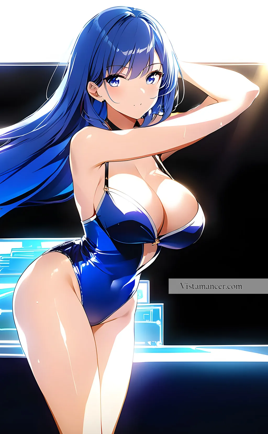 Blue haired anime girl in swimsuit