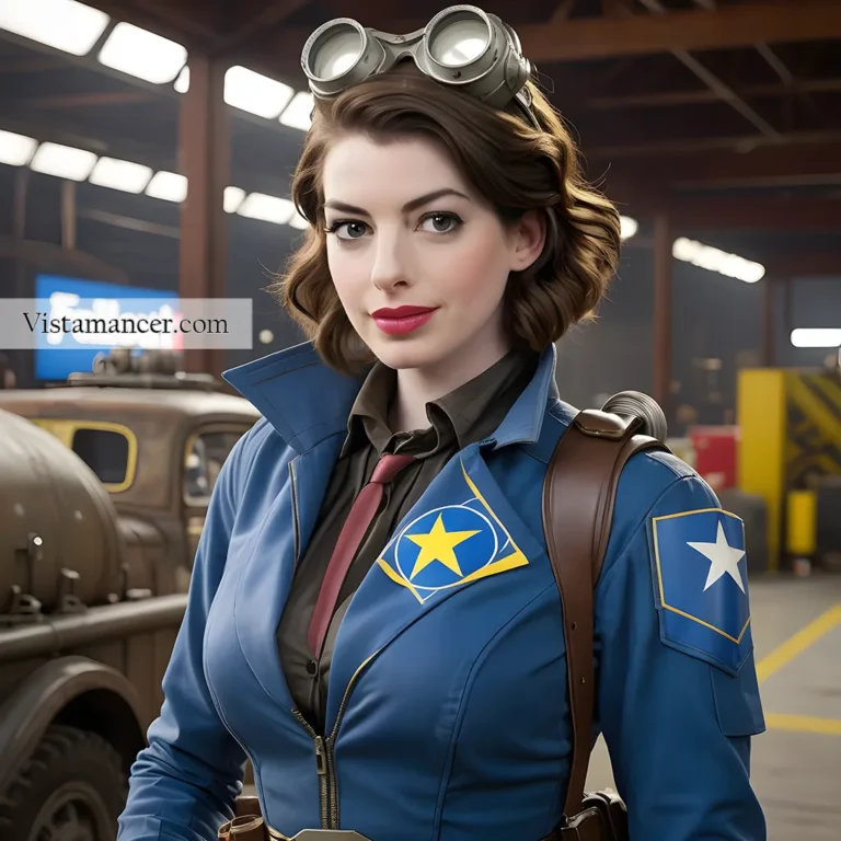 Anne Hathaway dressed in fallout gear