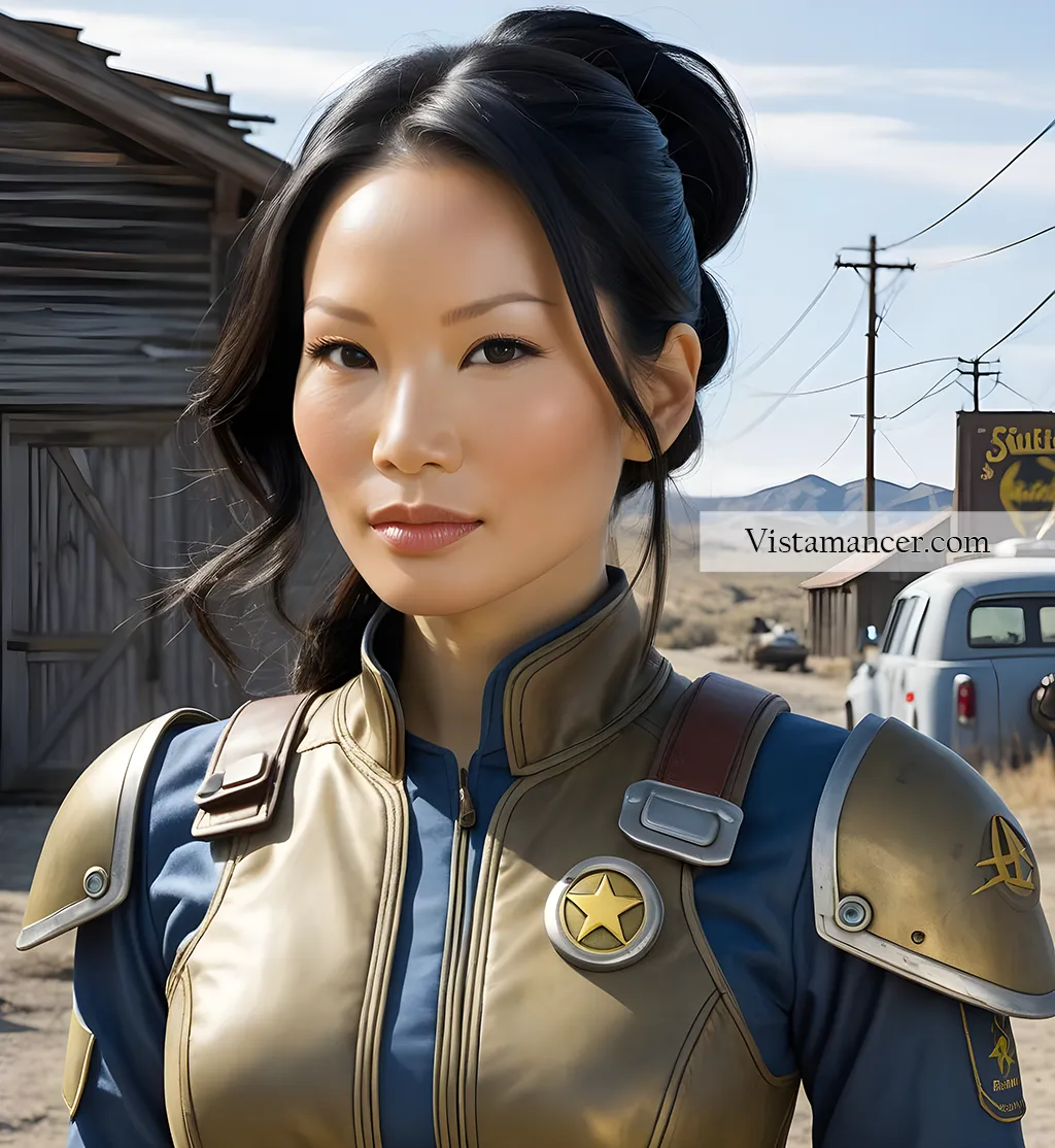 Lucy Liu dressed in fallout gear