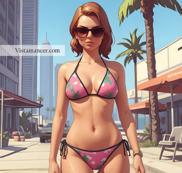 GTA style - brunette wearing pink bikini on the boardwalk