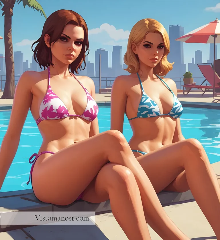 GTA style - brunette and blonde by the pool