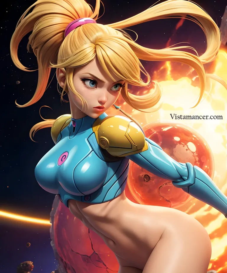 Samus Aran posing by destruction in space