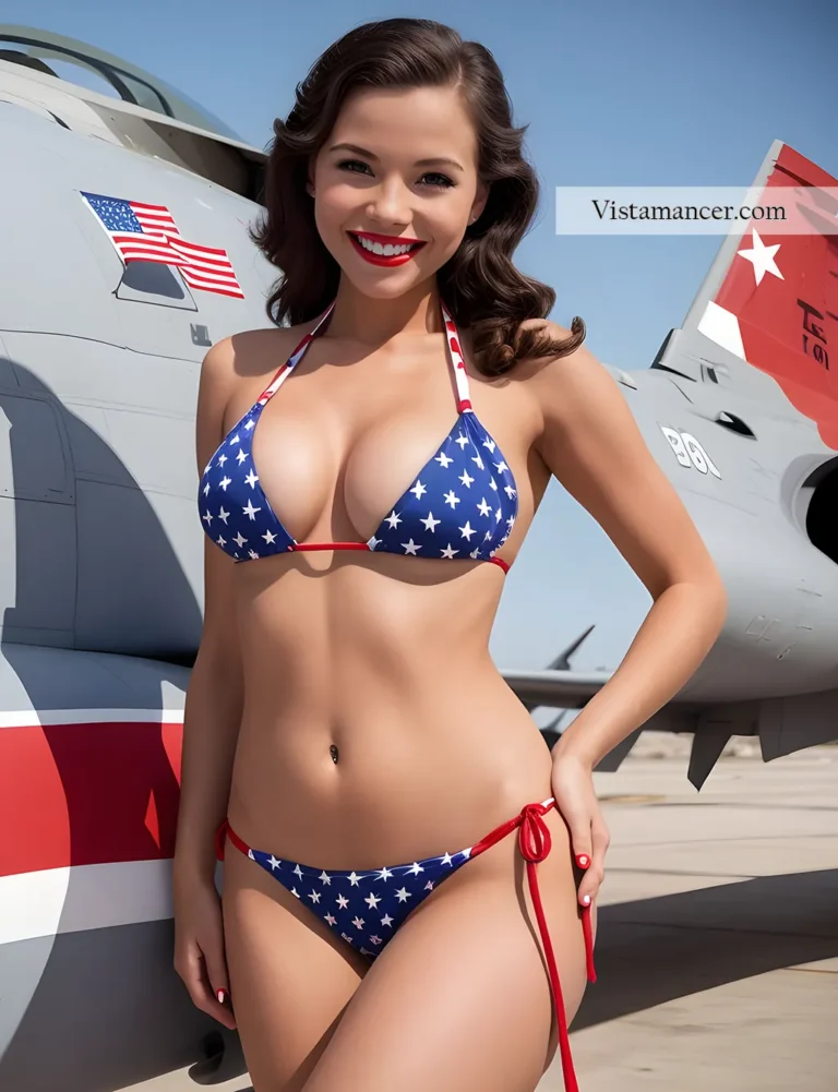 Brunette posing in bikini next to navy jet