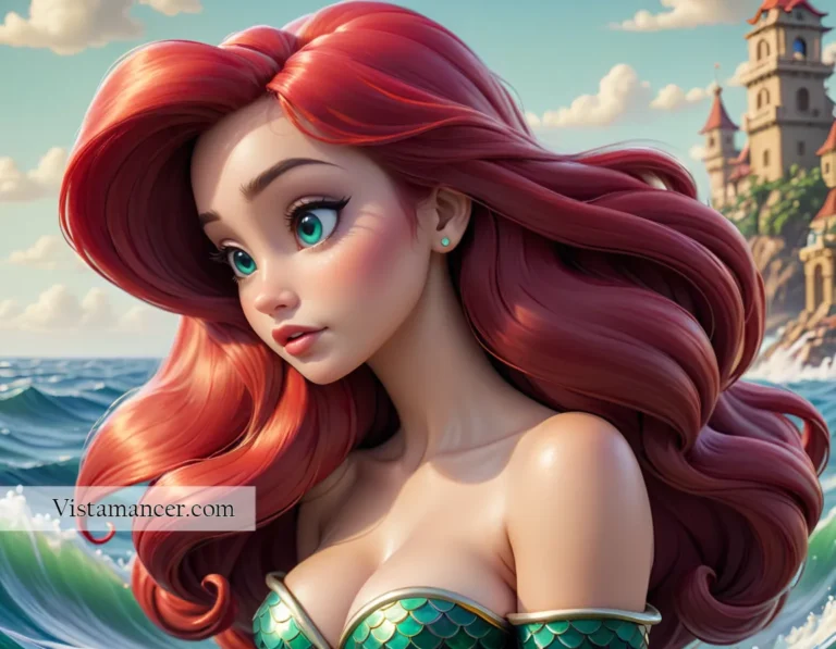 2502 (1) With her fiery red hair dancing in the breeze, Princess Ariel stands by the ocean, where the waves meet her dreams 1/4