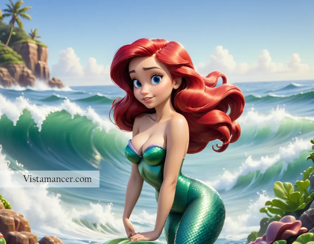 2502 (2) With her fiery red hair dancing in the breeze, Princess Ariel stands by the ocean, where the waves meet her dreams 2/4