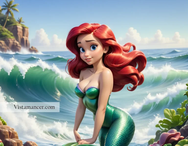 2502 (2) With her fiery red hair dancing in the breeze, Princess Ariel stands by the ocean, where the waves meet her dreams 2/4