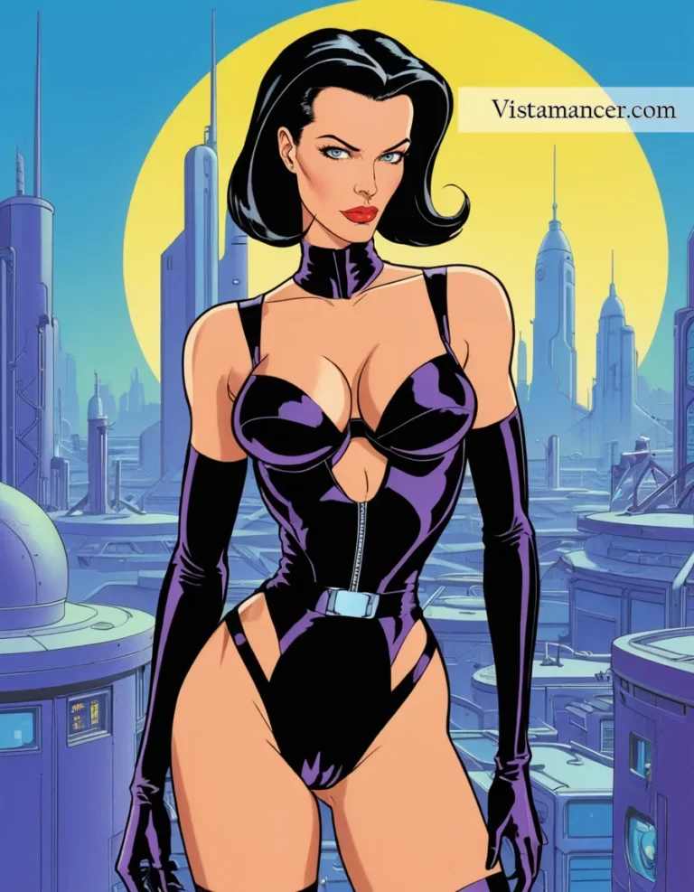 25031 (11) Æon Flux, effortlessly chic in black, glowing against a light blue cityscape - Vistamancer AI Art