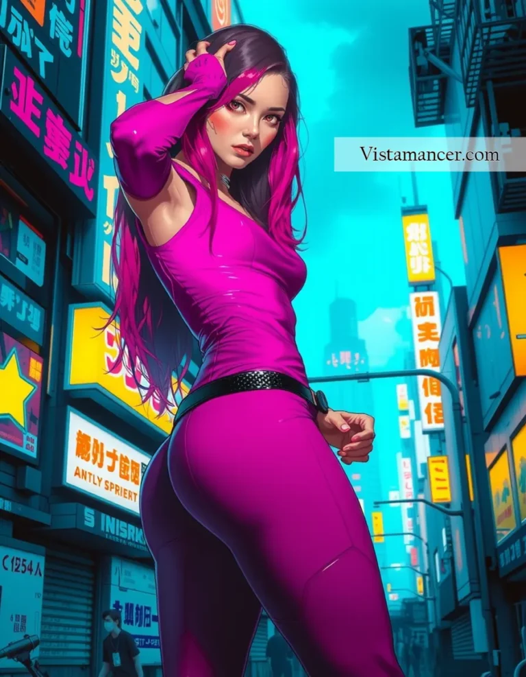 25031 (18) Neon lights, city vibes, and fearless in pink—cyberpunk style at its finest - Vistamancer AI Art
