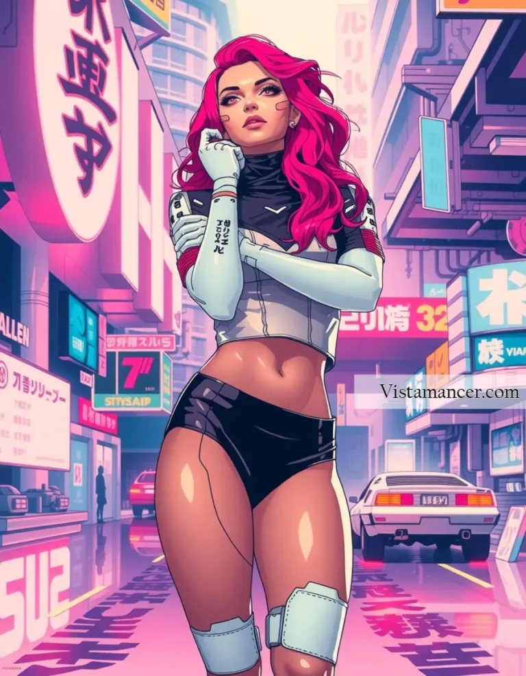25031 (19) Neon dreams and electric vibes—pink hair blazing through the cyberpunk night - Vistamancer AI Art