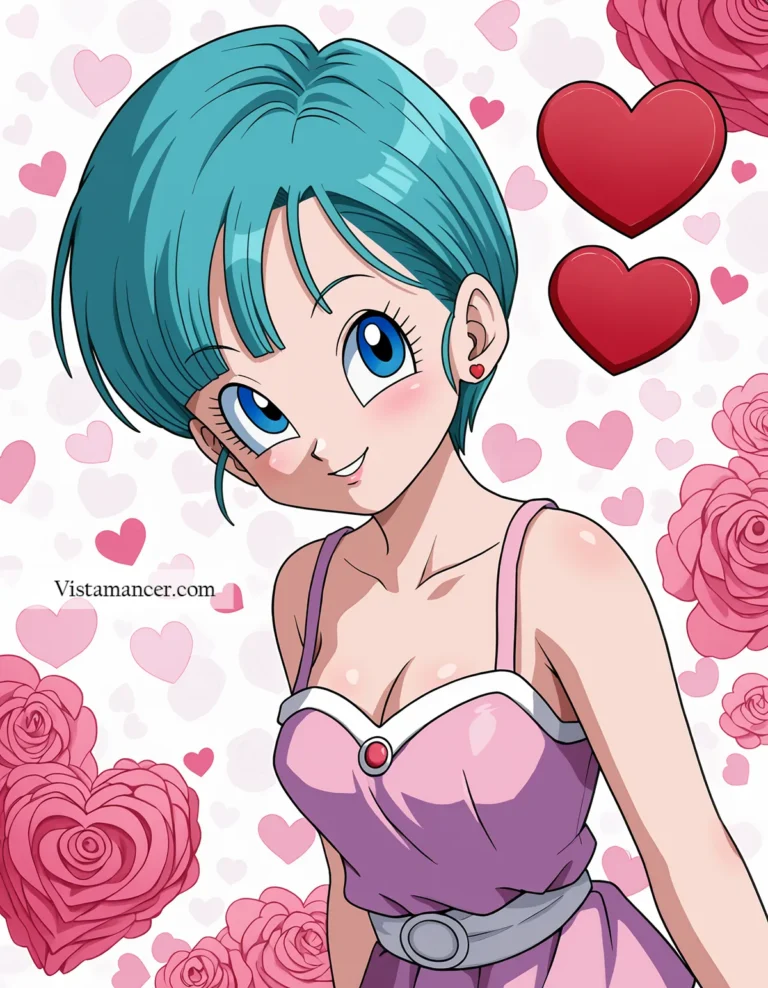 25031 (41) Bulma's stunning purple dress, and a backdrop of flowers and hearts—beauty with a bold twist. - Vistamancer AI Art