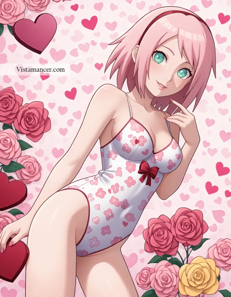 25031 (42) Sakura Haruno shines in white, surrounded by flowers and hearts—pure elegance with a touch of romance - Vistamancer AI Art