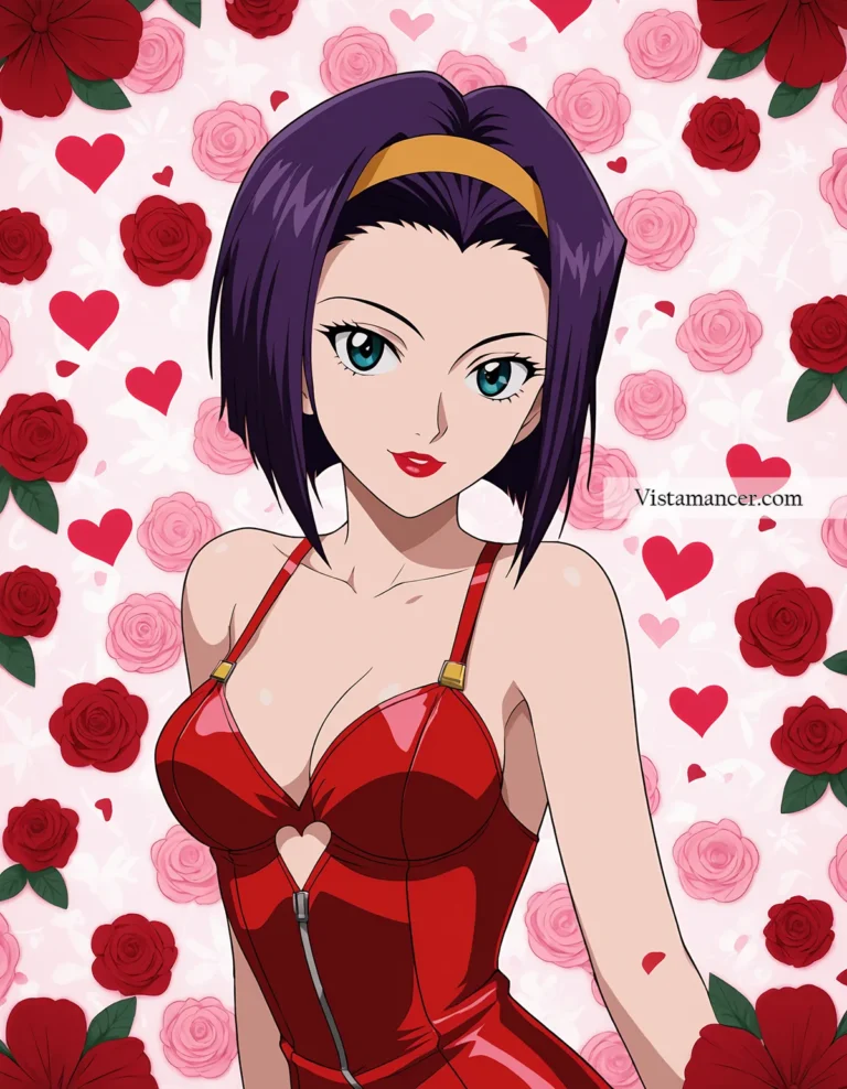 25031 (43) Faye Valentine purple locks, a bold red outfit, and a sea of roses—pure magic in every shade - Vistamancer AI Art