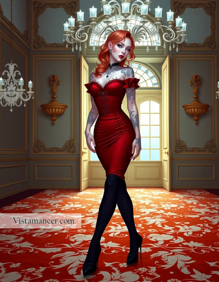 25031 (49) Beautiful redhead wearing red dress in ballroom - Vistamancer AI Art