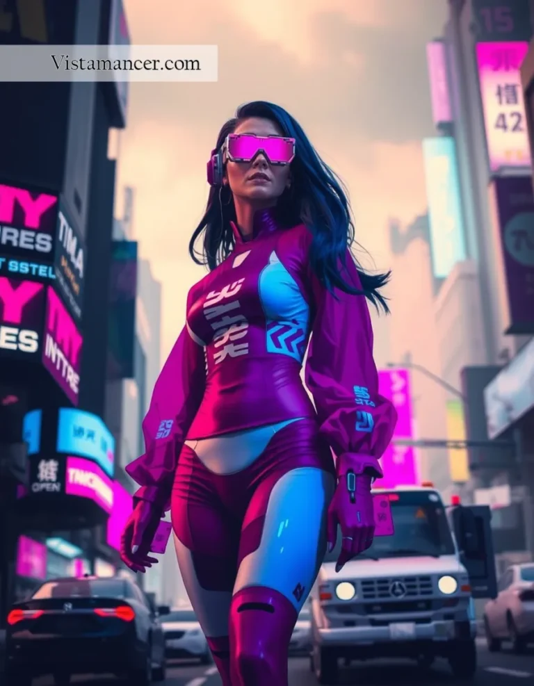 25031 (53) Brunette in a sleek purple futuristic outfit, rocking cyberpunk sunglasses against a neon-lit cityscape - Vistamancer AI Art
