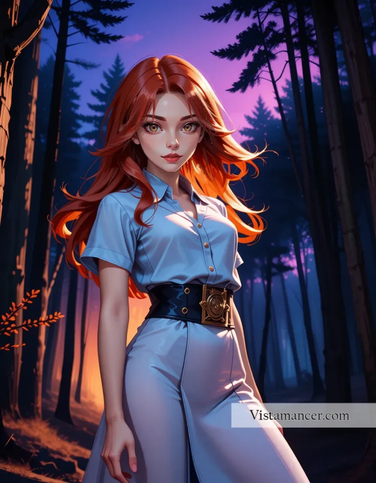 25031 (54) Crimson hair glows in the midnight shadows, a flame in the dark woods - Vistamancer AI Art