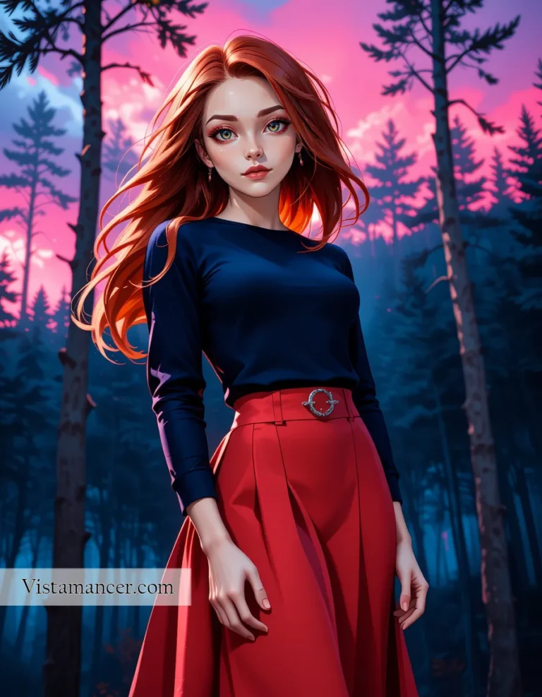 25031 (58) Fiery red hair, bold style, and a magenta sky to match—standing out in every shade - Vistamancer AI Art
