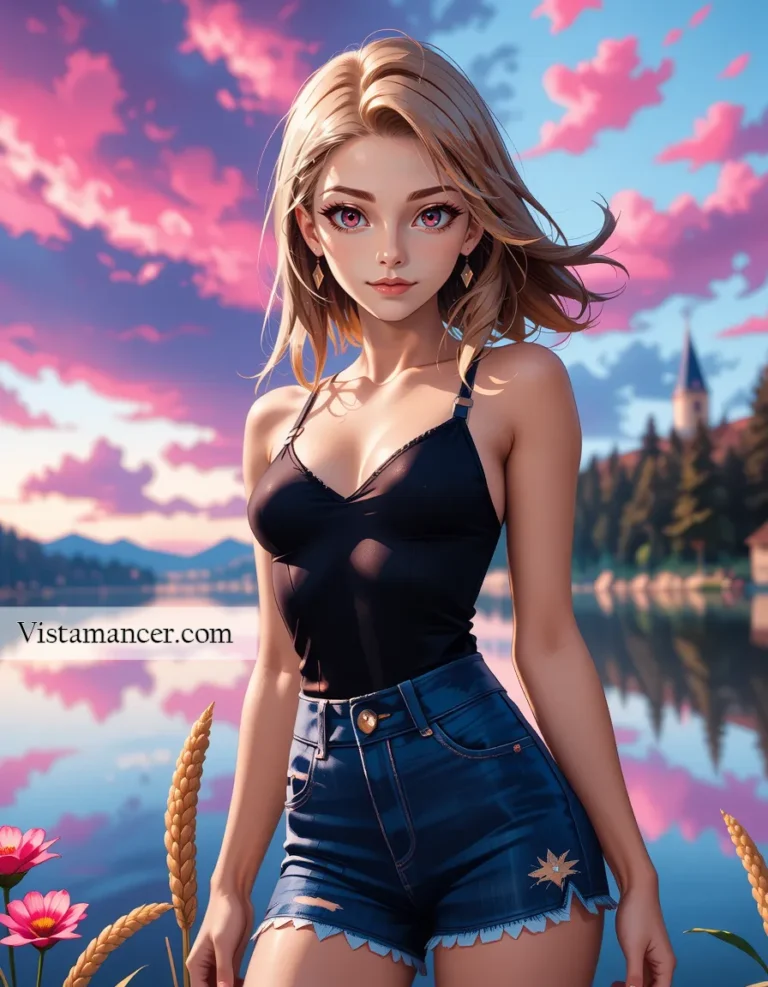 25031 (62) Chasing sunsets and serenity—blonde beauty amidst the mountains under a pink sky - Vistamancer AI Art
