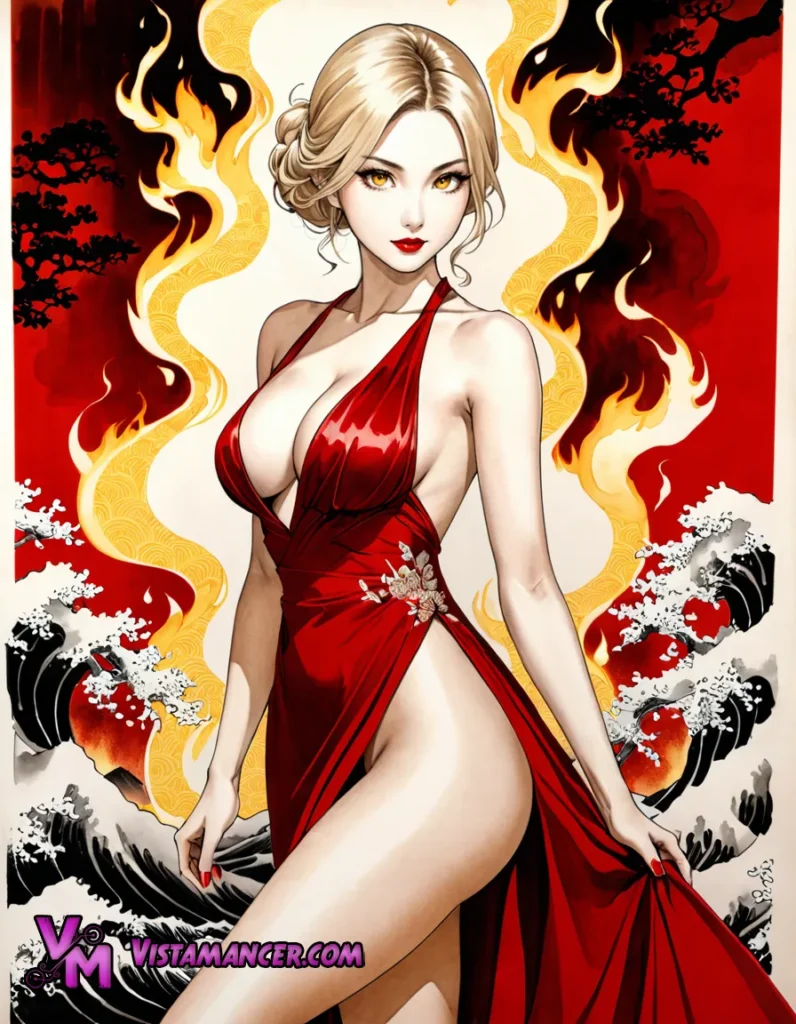 Crimson Elegance: A Blonde Muse in a Fiery Japanese Ink Dream