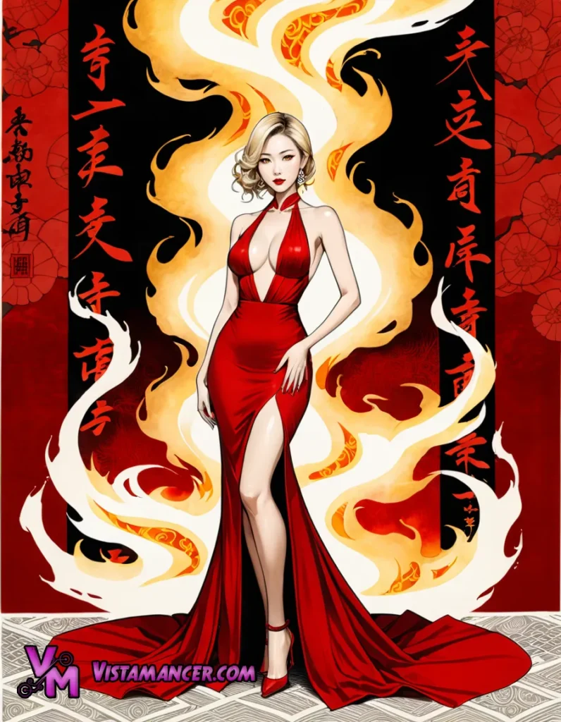 Scarlet Serenity: A Blonde Muse in a Japanese Ink Dream of Fire and Shadow