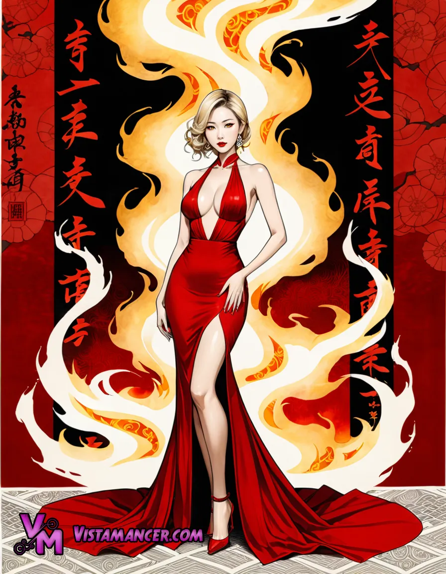 Scarlet Serenity: A Blonde Muse in a Japanese Ink Dream of Fire and Shadow