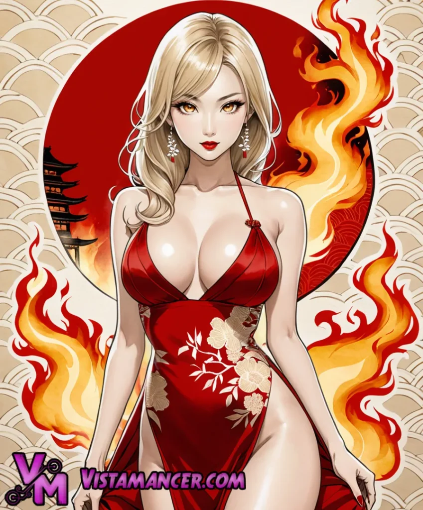 Golden Ember: A Blonde Muse in a Fiery Dance of Ink and Flame