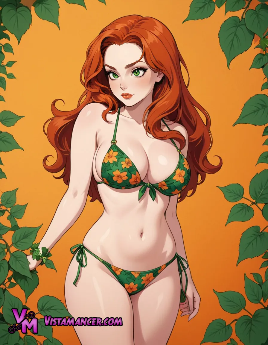Poison Ivy: The Fiery Redhead in a Floral Green Bikini Against a Sunset Glow