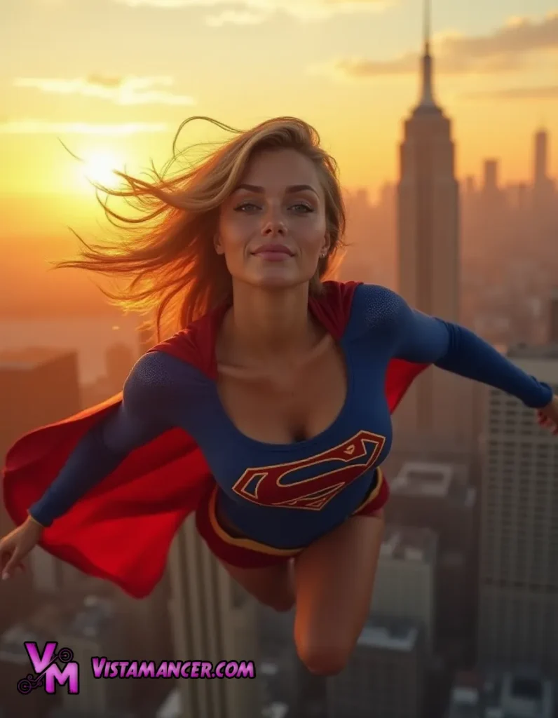 Golden Guardian: The Blonde Supergirl Soaring Over the City at Sunset