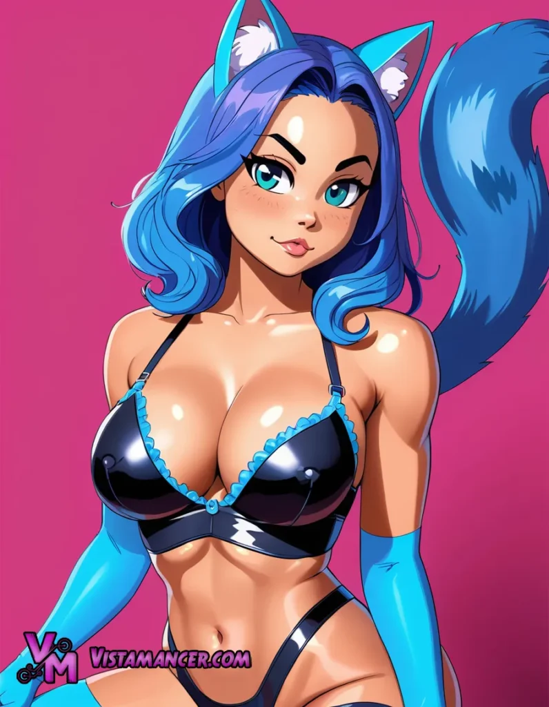Neon Prowl: The Blue-Haired Cat Girl in a Black Bikini Against a Hot Pink Glow