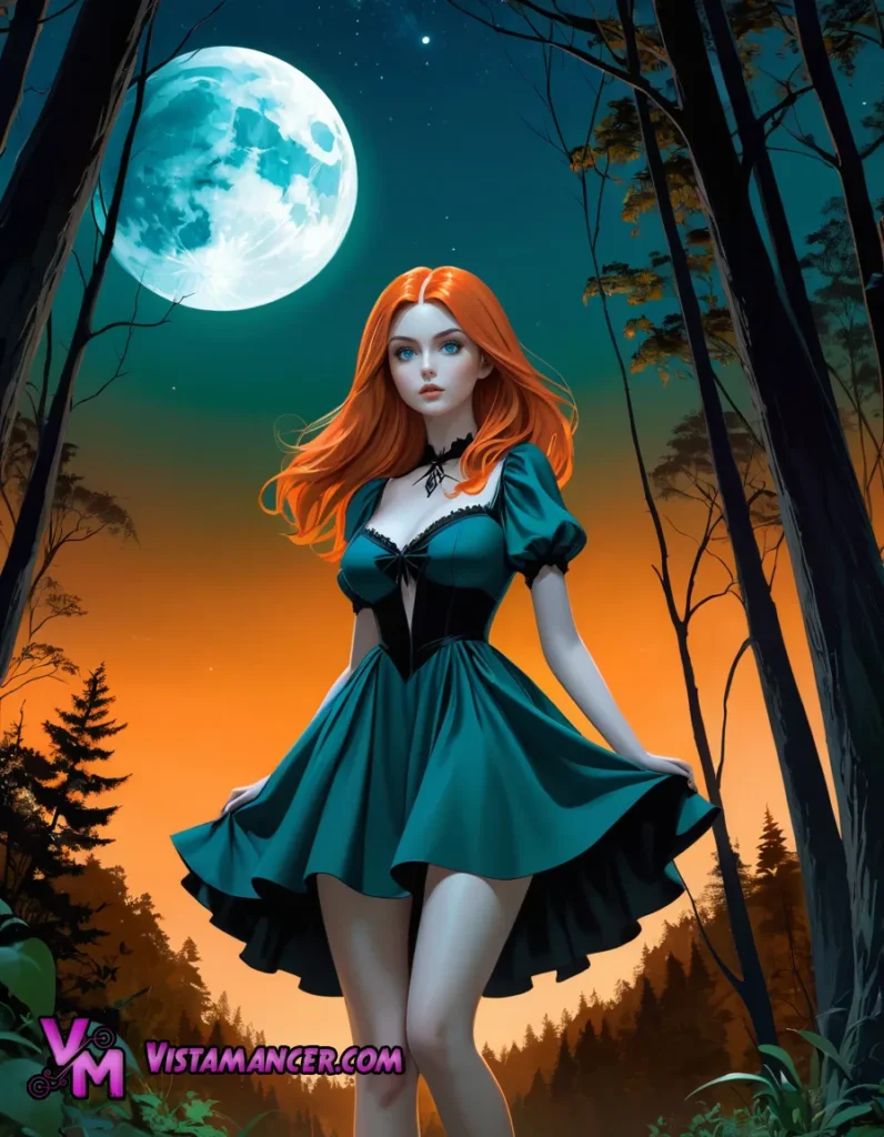 Enchanted Night: The Orange-Haired Girl Walking Under the Moonlit Canopy