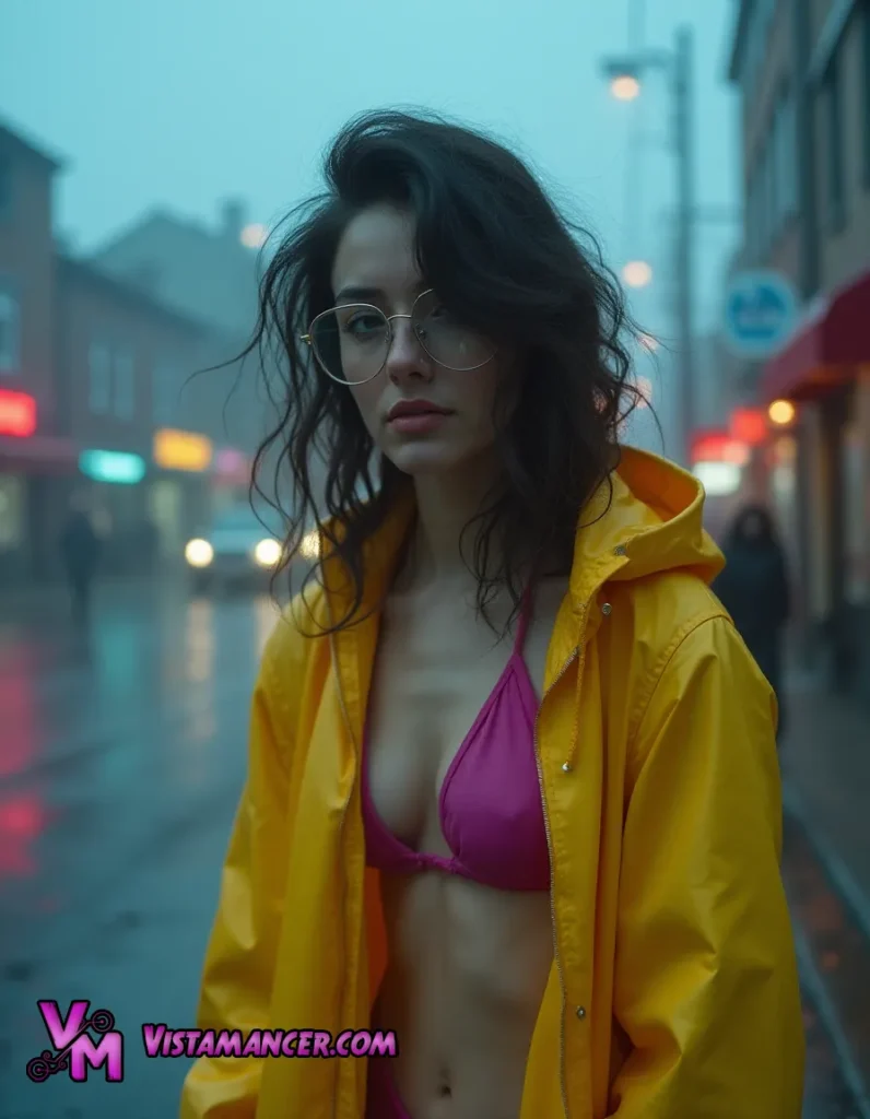 Rainy Day Chic: A Brunette in Glasses Rocks a Pink Bikini and Raincoat on a Blue Street - Vistamancer AI Art