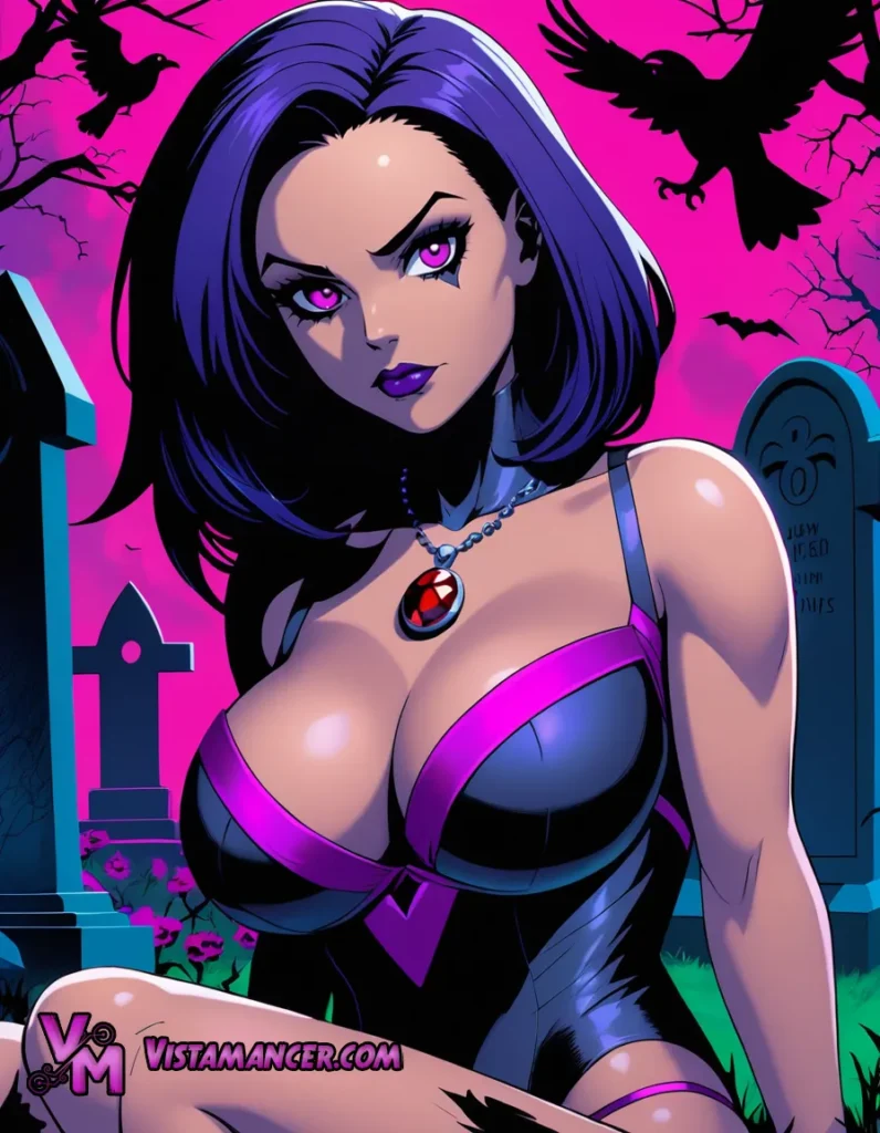 Raven in the Twilight: A Portrait of the Purple-Haired Girl Amidst a Graveyard Under a Pink Sky - Vistamancer AI Art