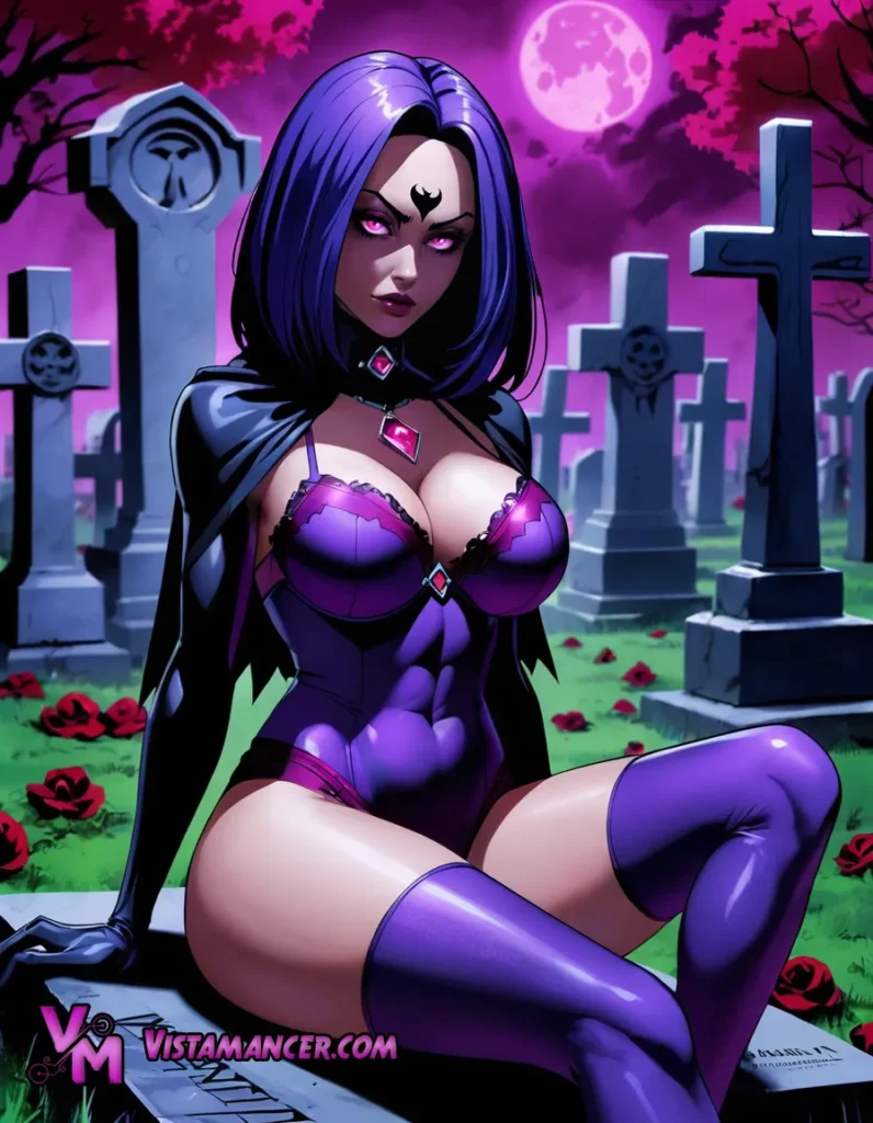Raven Among the Tombstones: A Portrait of the Purple-Haired Girl Beneath a Pink Sky - Vistamancer AI Art
