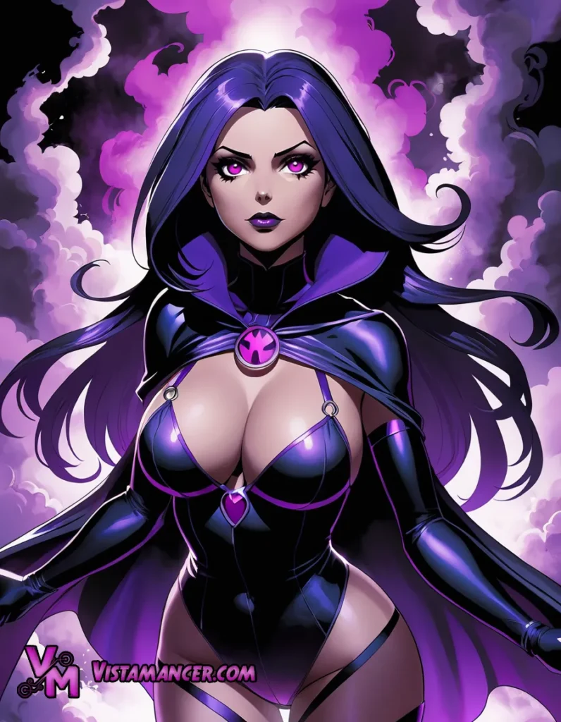 Raven's Flight: The Purple-Haired Girl Soaring Through a Clouded Sky - Vistamancer AI Art