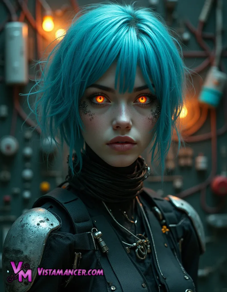 Neon Sentinel: The Blue-Haired Robot Woman with Orange Eyes in a Futuristic Cyberpunk World - Vistamancer AI Art