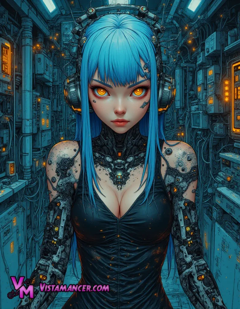Cyber Goddess: The Blue-Haired Robot with Orange Eyes in a Neon-Lit Futuristic World - Vistamancer AI Art