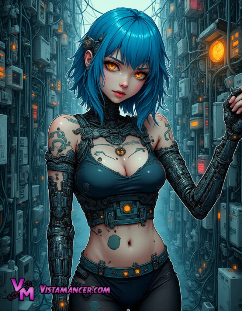 Digital Mirage: The Blue-Haired Robot with Orange Eyes in a Neon Cyberpunk World - Vistamancer AI Art