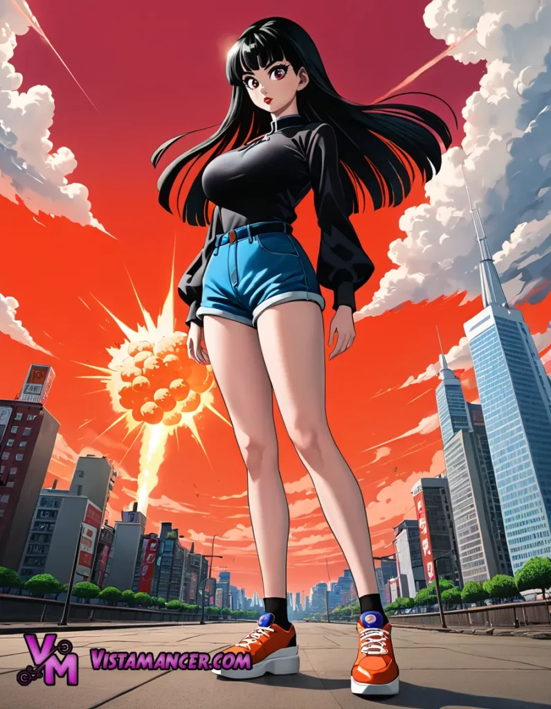 Urban Blaze: The Black-Haired Woman in a Black Shirt and Jean Shorts Posing Against an Exploding Orange Sky - Vistamancer AI Art