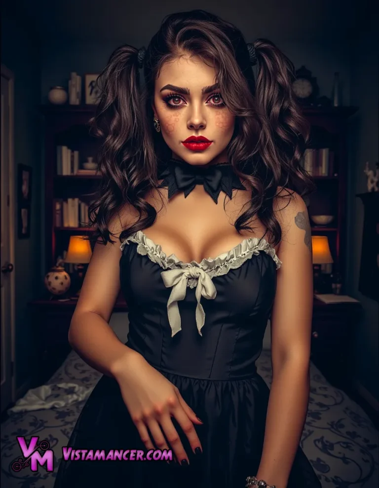 Elegant Allure: A Brunette in Red Lips and a Black Dress, Posed Gracefully Before a Bookcase
