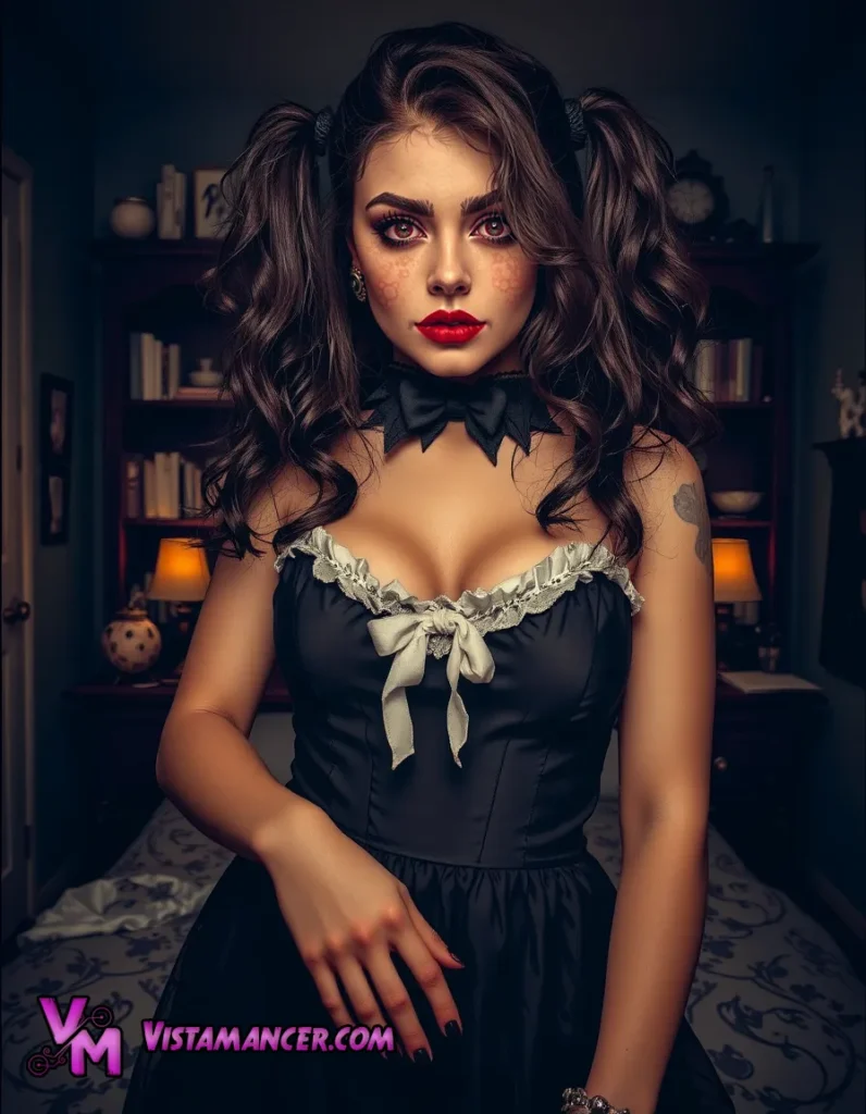 Elegant Allure: A Brunette in Red Lips and a Black Dress, Posed Gracefully Before a Bookcase
