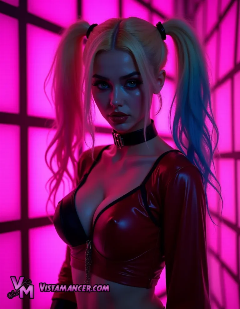 Harley Quinn Pops Against a Hot Pink Backdrop in Bold, Unhinged Style - Vistamancer AI Art