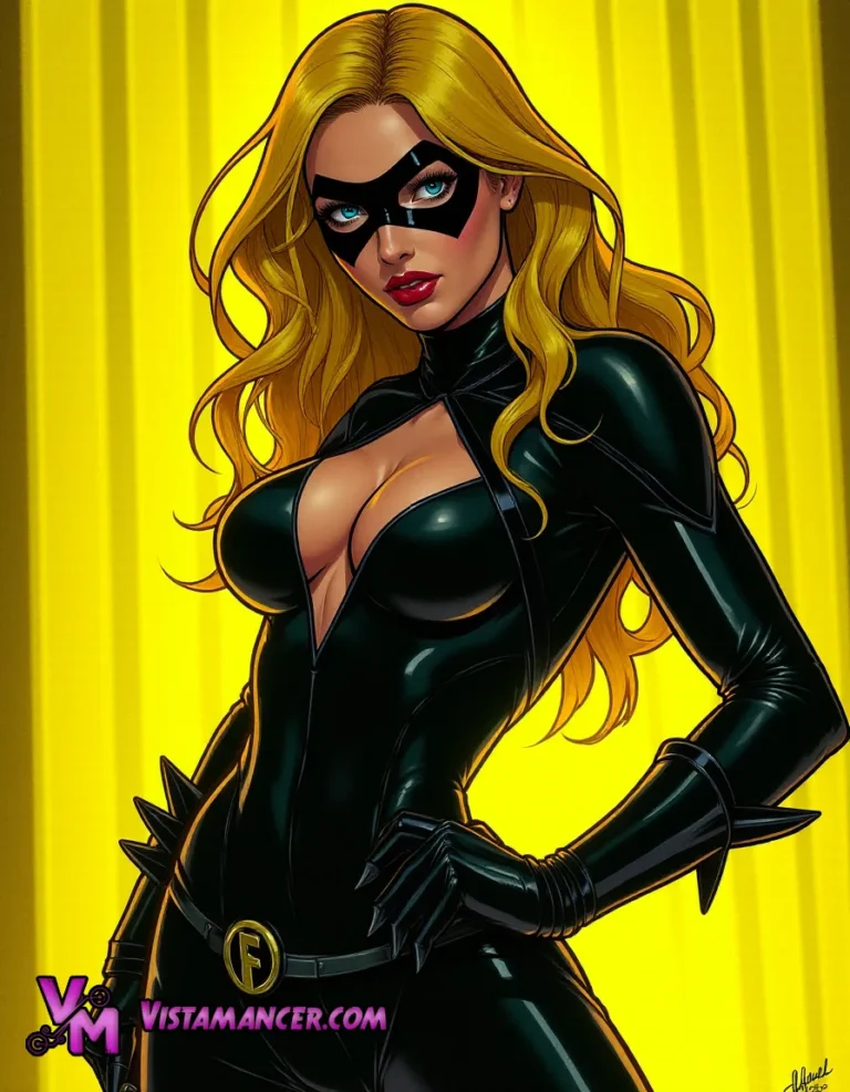 Blonde Vigilante Black Canary Stuns in Black Mask and Costume Against Bold Yellow Backdrop - Vistamancer AI Art