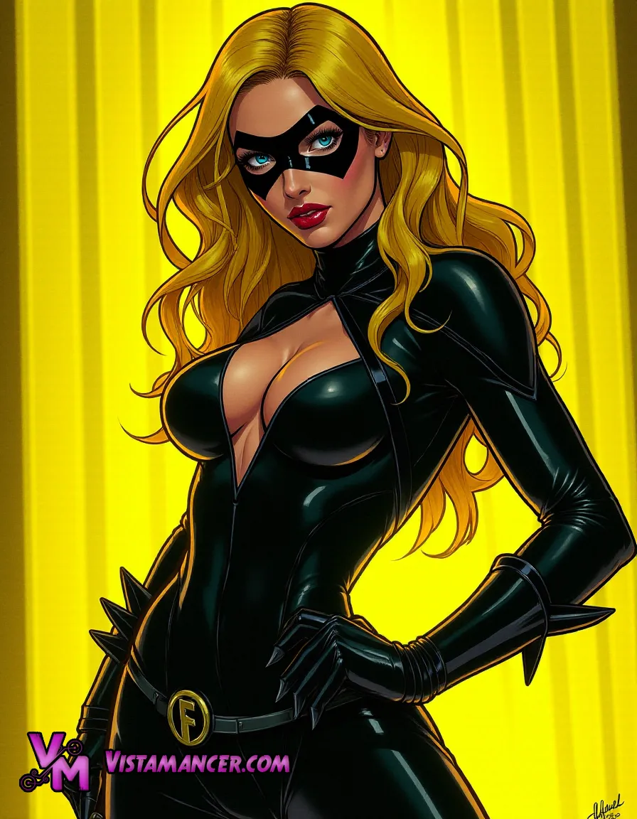 Blonde Vigilante Black Canary Stuns in Black Mask and Costume Against Bold Yellow Backdrop - Vistamancer AI Art