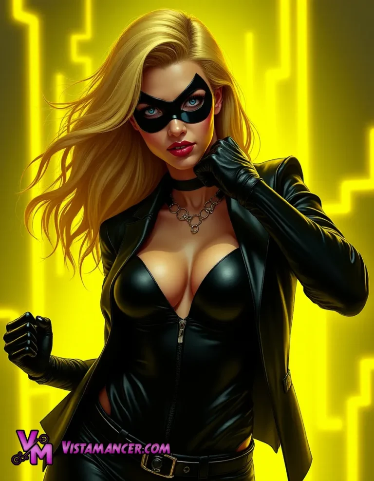Black Canary Strikes a Bold Pose in Dark Costume and Mask Against Vibrant Yellow Glow - Vistamancer AI Art