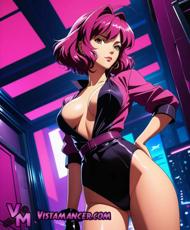 In the Haze of Neon Skies: A Woman with Magenta Hair - Vistamancer AI Art