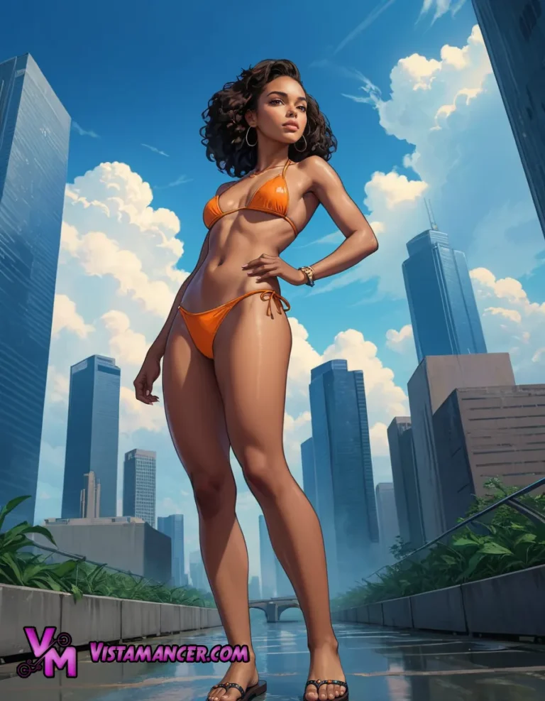 Vibrant Confidence: An Ebony Woman in a Pink Bikini Against a Blue Cityscape